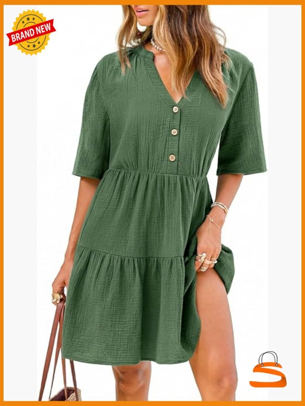 Women's Short Sleeve Mini Dress V Neck Button Flowy A Line